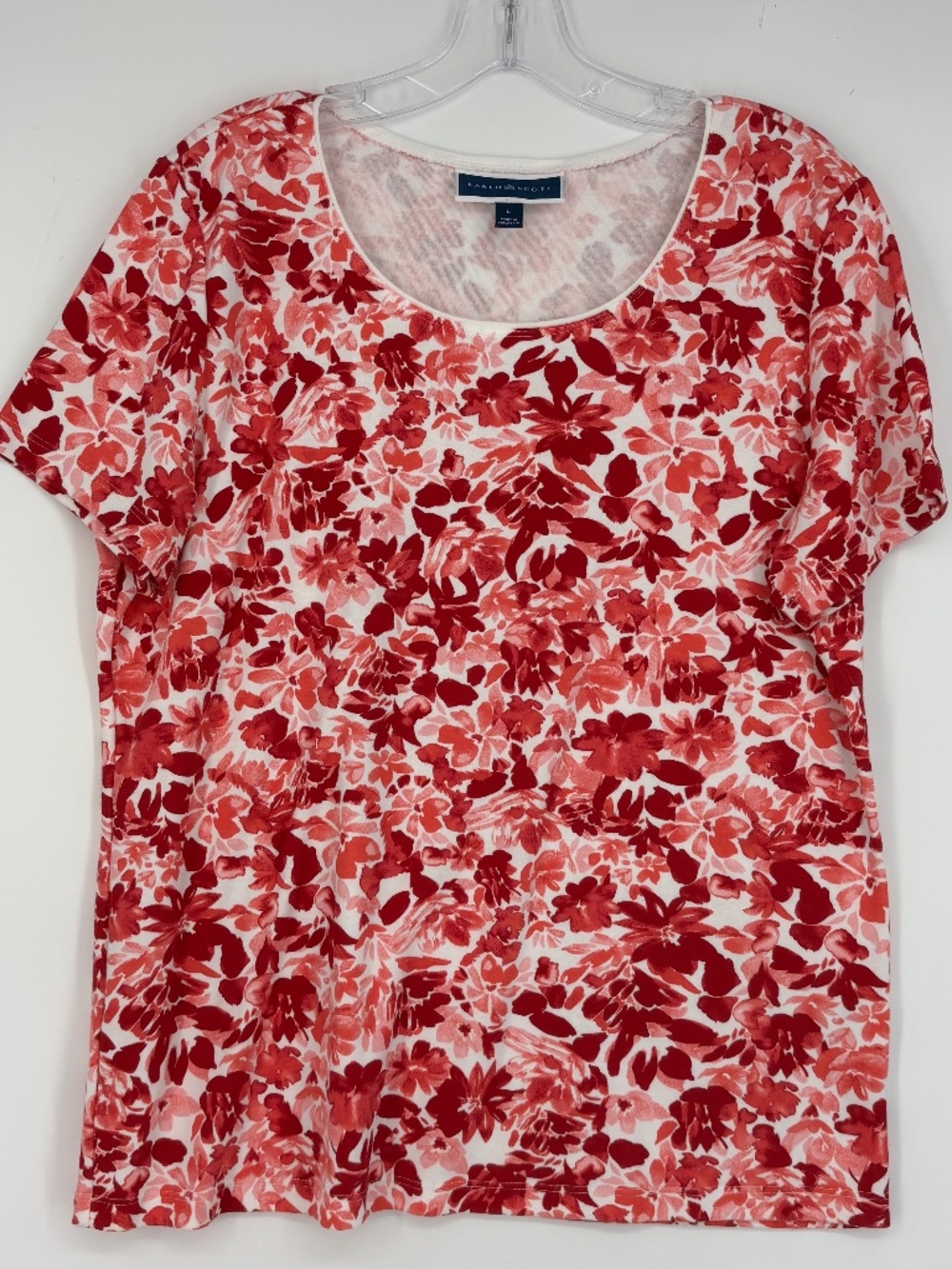 Karen Scott Womens Large T-Shirt Knit Top White Coral Pink Red Floral Short Slv